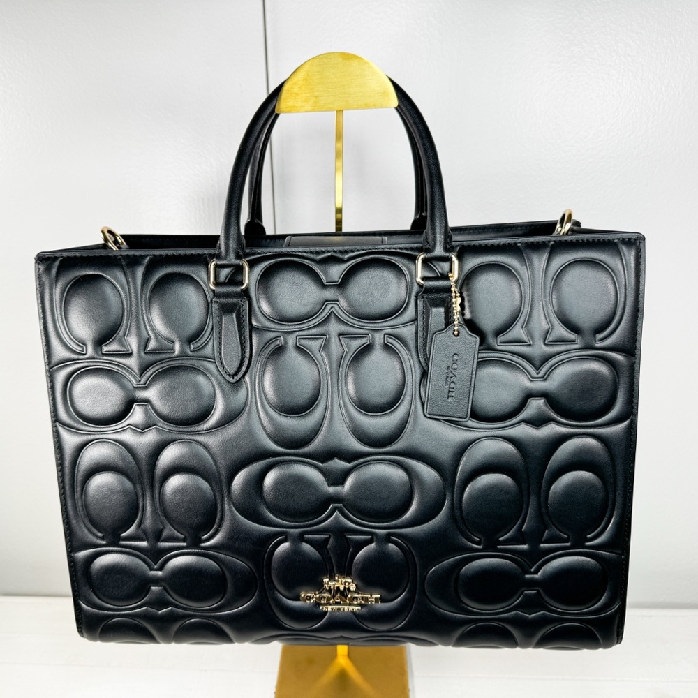 Coach Maggie Tote Large Signature Embossed Leather Black Gold Hardware NWT